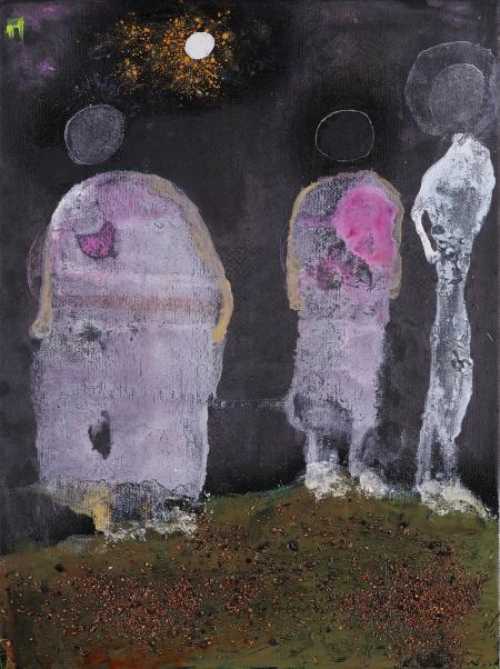 Nativity, 2024, acriilici, chine e sabbia atlantica su tela 30x30 cm
