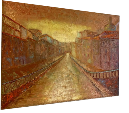 Naviglio, olio su tela, 100x70cm, € 9.000. Un simbolo milanese, luogo di malavita, nebbie, genialità leonardesche e movide sfrenate, che pur nel suo incessante fluire rende unica l'anima della città meneghina.