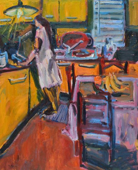 Nella cucina di sera, 2025, olio su tela, 130x160 cm