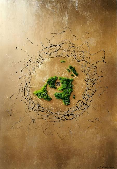 New earth order, 2025, piante vive, QR code, foglia oro 24 kt, tempere e acrilici su tavola di legno 70x100 cm