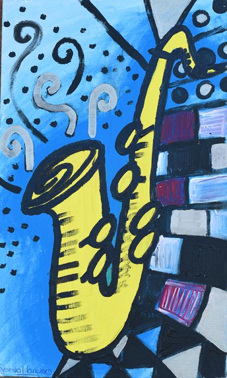 Nonno Ferruccio, suonatore di sax, 2016, tecnica mista 30x50 cm