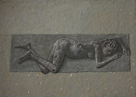 Nudo, 1964, olio e tecnica mista su tela applicata su tavola, cm 100x140