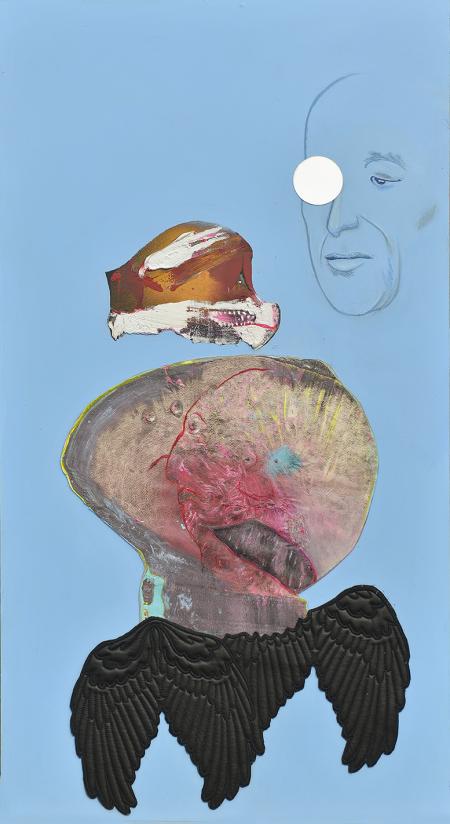 Overall unit, 2024, olio, smalto, pelle e specchio su pannello 54x100 cm