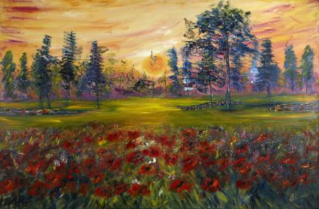 Paesaggio con papaveri, 2025, olio su tela 120x80 cm