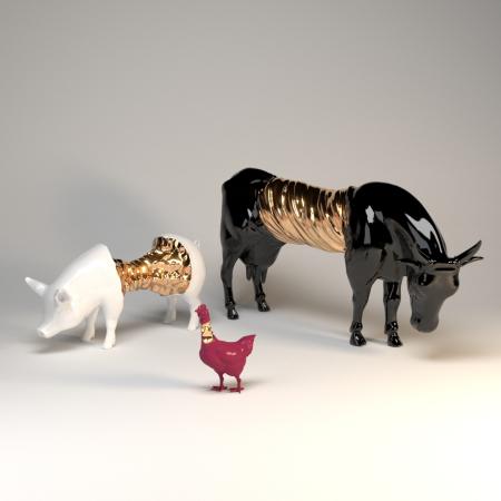 Paradise Farm, serie di Sculture-serie di Sculture digitali NFT, Cow 230x130x75 cm; Pig 100x85x50 cm; Chicken 40x60x25 cm