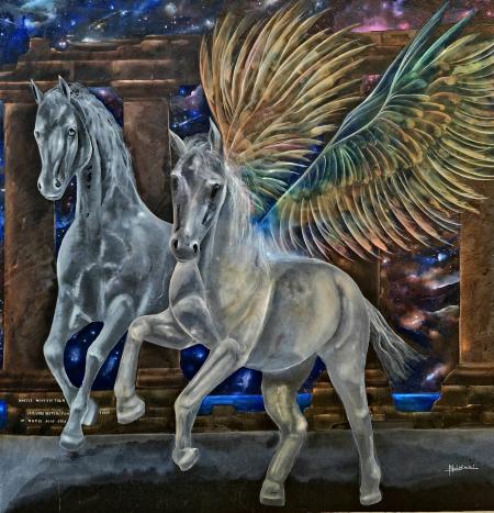 Pegaso il cavallo alato, tecnica mista su tela, 100x100 cm