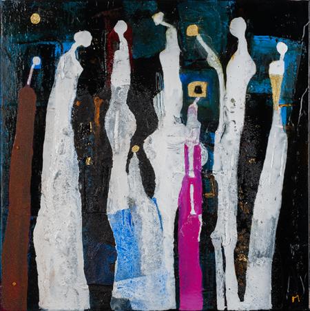 People on round, acrilici, chine, sabbia, catrame liquido e foglia oro 50x50 cm