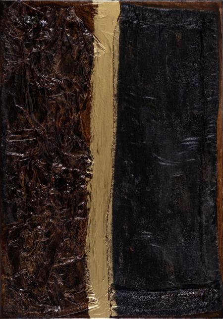 Percorso 2, 2025, polimaterico su tela, olio, bitume, stoffe 80 x 100 cm