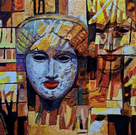 Persefone, 2024, tecnica mista su tela con sabbia e oro 70x70 cm
