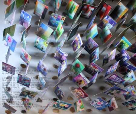 Place to peace (particolare), 2013, poesia visuale su immagini di Marino Ficotto, installazione 300 x 400 x 36 cm
