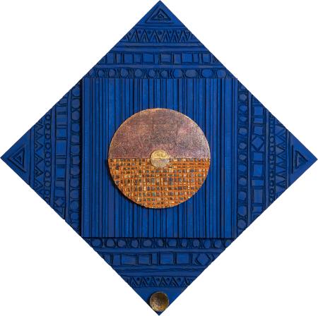 POLICOMBUSTIONE (45) - Tavole di polistirolo pirografate, oro e acrilici. 80x80 cm, 2021