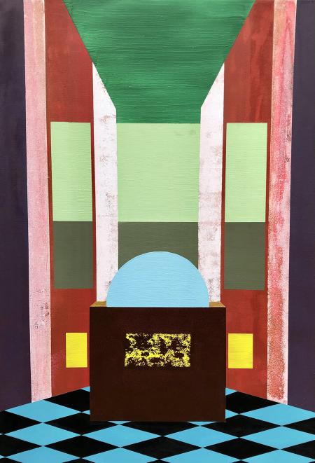 Poltrona con vista campagna, 2023, smalto e acrilico su tela 70 x 100 cm