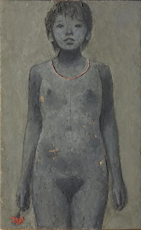 Ragazza con collanina, 1978, olio e tecnica mista su tela applicata su tavola, cm 69x42