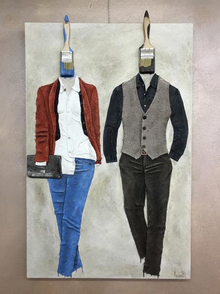Senza Tempo, 2025, collage di juta con materiali di riciclo e tecnica mista su tela, 70x100x4 cm