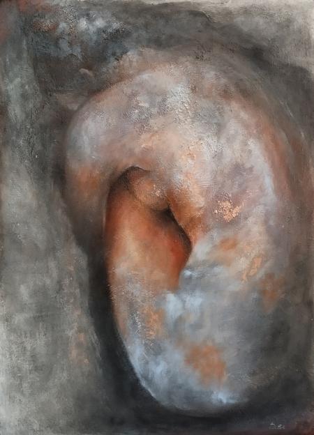 Sibilla Bronzo, 2024, tecnica mista, foglia bronzo su pannello, 50 x 70 cm
