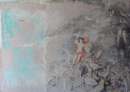 Sidereus broken skies, 2016,  affresco strappato e acrilico su tela di lino, 100x140 cm
