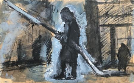 Pompiere, 1928 ca., tempera, tempera diluita, inchiostro, carboncino e matita su carta applicata su tela, cm 29  x 46,8