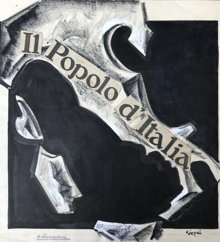 Tavola originale dell’illustrazione “ABBONATEVI!”, pubblicata in: “Il Popolo d’Italia”, n. 294, 10 dicembre 1927, alla p. 1, tempera, inchiostro, carboncino, collage e matita su cartoncino, cm 41,2 x 36,7