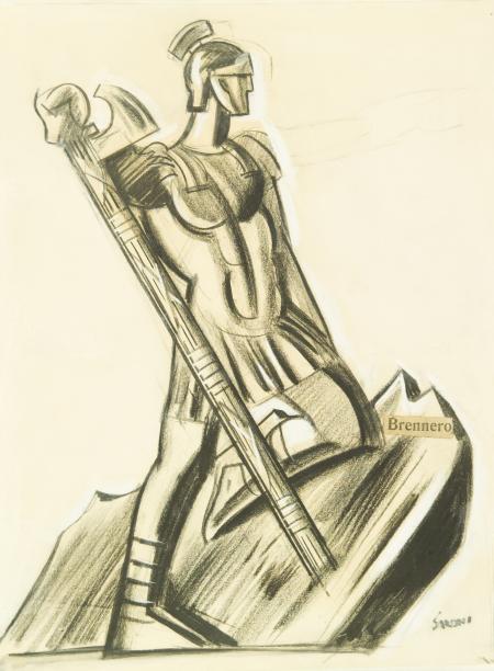 Brennero, 1926, carboncino e biacca su cartoncino, cm 55,5x47,5. Tavola originale dell’illustrazione pubblicata in: “Il Popolo d’Italia”, n. 22, 26 gennaio 1926, alla p. 1.