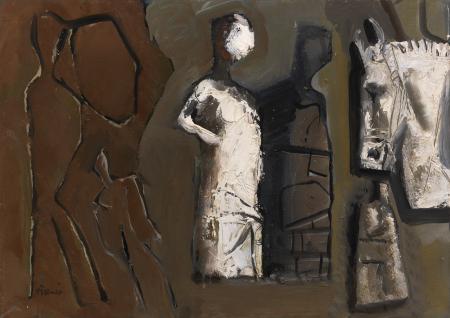 Composizione con figure e testa di cavallo, 1958 ca., olio su tela, cm 50x70