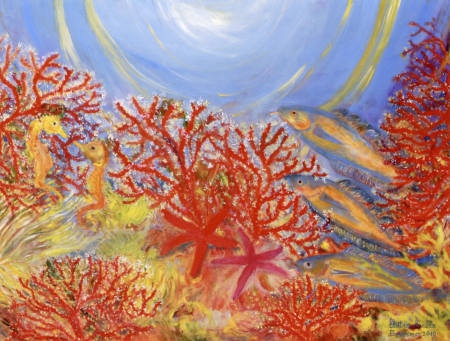 Caleidoscopio di vita e di colori, pesci Mustella, cavallucci e stelle marine tra le gorgonie e i coralli nelle acque del promontorio di Portofino, 80x60, olio su tela, 2010