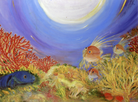 Caleidoscopio di vita e di colori, pesci San Pietro e polpi tra le gorgonie e i coralli nelle acque del promontorio di Portofino, 100x70, olio su tela, 2010