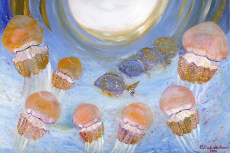 Danza di meduse tra i saraghi, 100x70, olio su tela, 2016