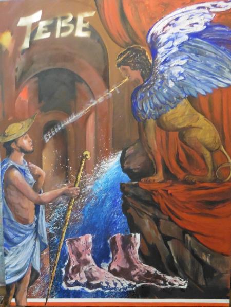 Tebe, Edipo e la Sfinge, 2021, pittura su tela, cm 200x150