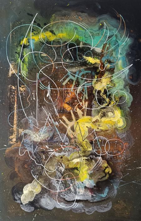 The dragon's might, 2025, tecnica mista su tela 100 x 170 cm