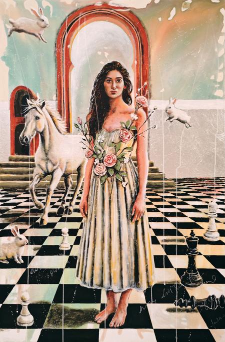 Three White Rabbits, 2025, acrilici su tela 80 x 120 cm