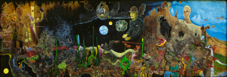 “Empireo” (trasmigrazione delle anime) Tavola 45 x 145 dipinto ad olio su materico e bruciature. Anno 2020“La Famiglia Sacra dei Viventi” Tavola 60 x 60 dipinto ad olio su materico. Anno 2021