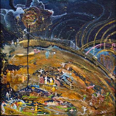 “La Famiglia Sacra dei Viventi” Tavola 60 x 60 dipinto ad olio su materico. Anno 2021