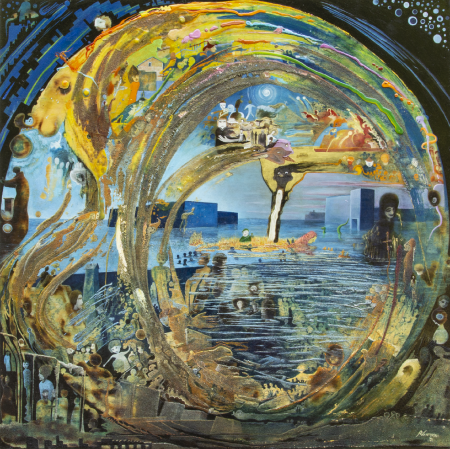 “Il Mare delle Menzogne” Tavola 92 x 92 dipinto ad olio su materico e bruciature. Anno 2022