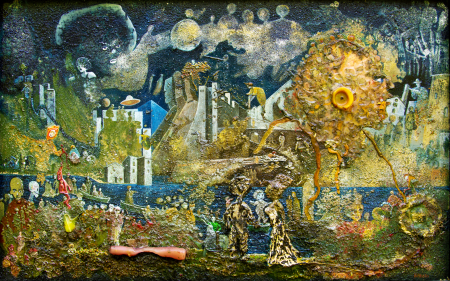 “Lo sbarco degli Spiriti Liberi” Tavola 50 x 80 dipinto ad olio su materico e bruciature. Anno 2021