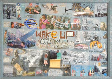 Wake up, 2012, olio su tela e collage 70 x 50 cm