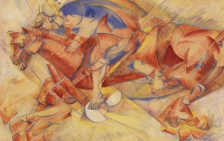Immagine dell'opera di Carlo Carrà, Il cavaliere rosso, 1913, tempera e inchiostro su carta intelata