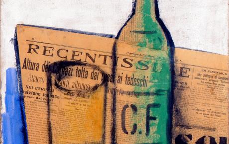 Particolare dell'immagine dell'opera di Ardengo Soffici, Bottiglia e bicchiere, 1915, tempera e collage su cartone