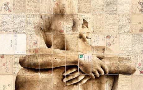 Fabio Imperiale, Una combinazione di magia e pasta (Veneto), 2023, caffè e bitume su cartoline antiche su tavola cm 99,2x96,8. Courtesy Cris Contini Contemporary