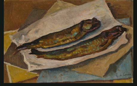 Aringhe sul tavolo, 1940, olio su tela, cm 33x51