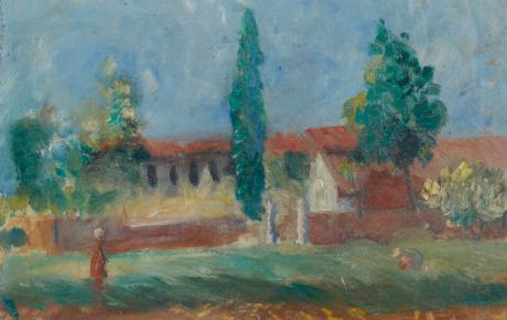 Paesaggio con cascina e contadini, olio su tela, 45,5x55cm