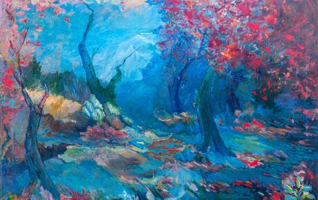 Bosco di alberi blu, Serie Fronde Rosse, 2000, olio su tela, 70 x 100 cm