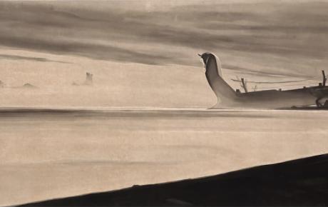 La nave salpa dalla serie visioni del Circeo, 1921-1922, china acquarellata su cart6a, 18,5x47cm