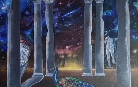 Giunone e il suo pavone, tecnica mista su tela, 100x100 cm