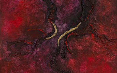 El Gran Rojo, 2024, tecnica mista su tela, foglia oro 23kt 90 x 90 cm
