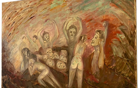 I dannati, olio su tela, 100x70cm, € 9.000. Dall'inferno di Dante, il tormento dei dannati attanaglia il fruitore con le proprie grida di dolore, che diventano follia