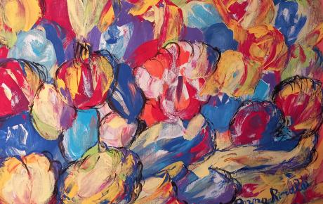 La bellezza della terra fertile d'amore - “Raccolta di frutti odorosi di sole e di mare di Sicilia”, 2024, tempera su tela 70 x 50 cm