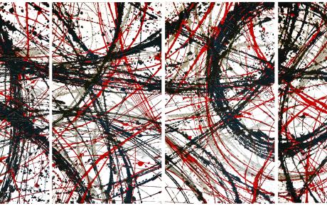 Tetrattico, 1997, vernici, sabbia, vetro su faesite 160 x 90 x 4 cm