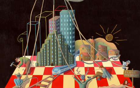 Il grande burattinaio, 2012, acrilico e pirografo su tavola 70 x 90 cm
