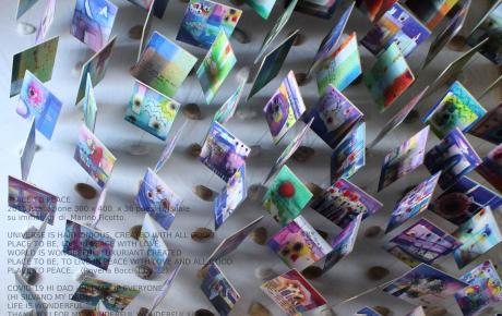 Place to peace (particolare), 2013, poesia visuale su immagini di Marino Ficotto, installazione 300 x 400 x 36 cm
