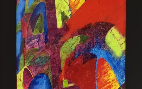 San Patrizio, tecnica mista su plexiglass 110 x 170 x 4 cm - Il dipinto, con i suoi colori sfumati e brillanti che si fondono tra le arcate, prende il nome dal pozzo di Orvieto, il Pozzo di San Patrizio, ed è stato l'immagine ufficiale della 28a edizione dell'Umbria Jazz Winter International Festival.